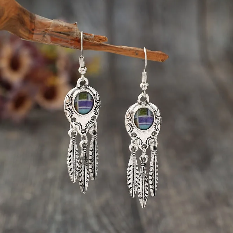 Wholesale Retro Style Feather Alloy Drip Glue Long Bohemian Ladies Fashion Earrings