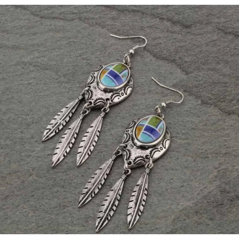 Wholesale Retro Style Feather Alloy Drip Glue Long Bohemian Ladies Fashion Earrings