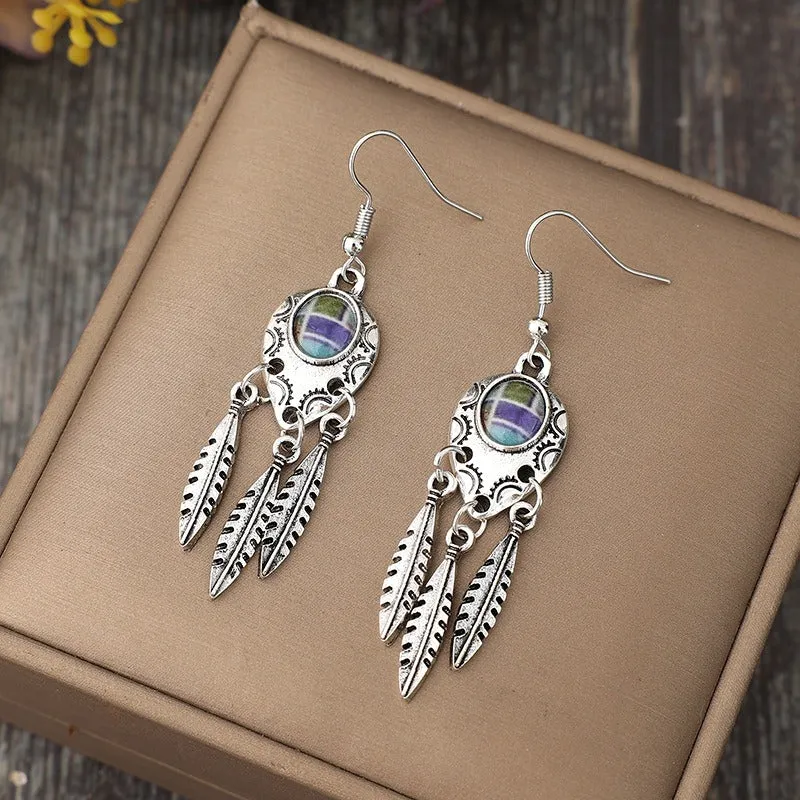 Wholesale Retro Style Feather Alloy Drip Glue Long Bohemian Ladies Fashion Earrings