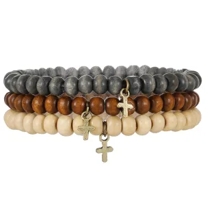 Wholesale Retro Style Wooden Beads Stacked with Bracelet Men's Beaded Cross Pendant Bracelet