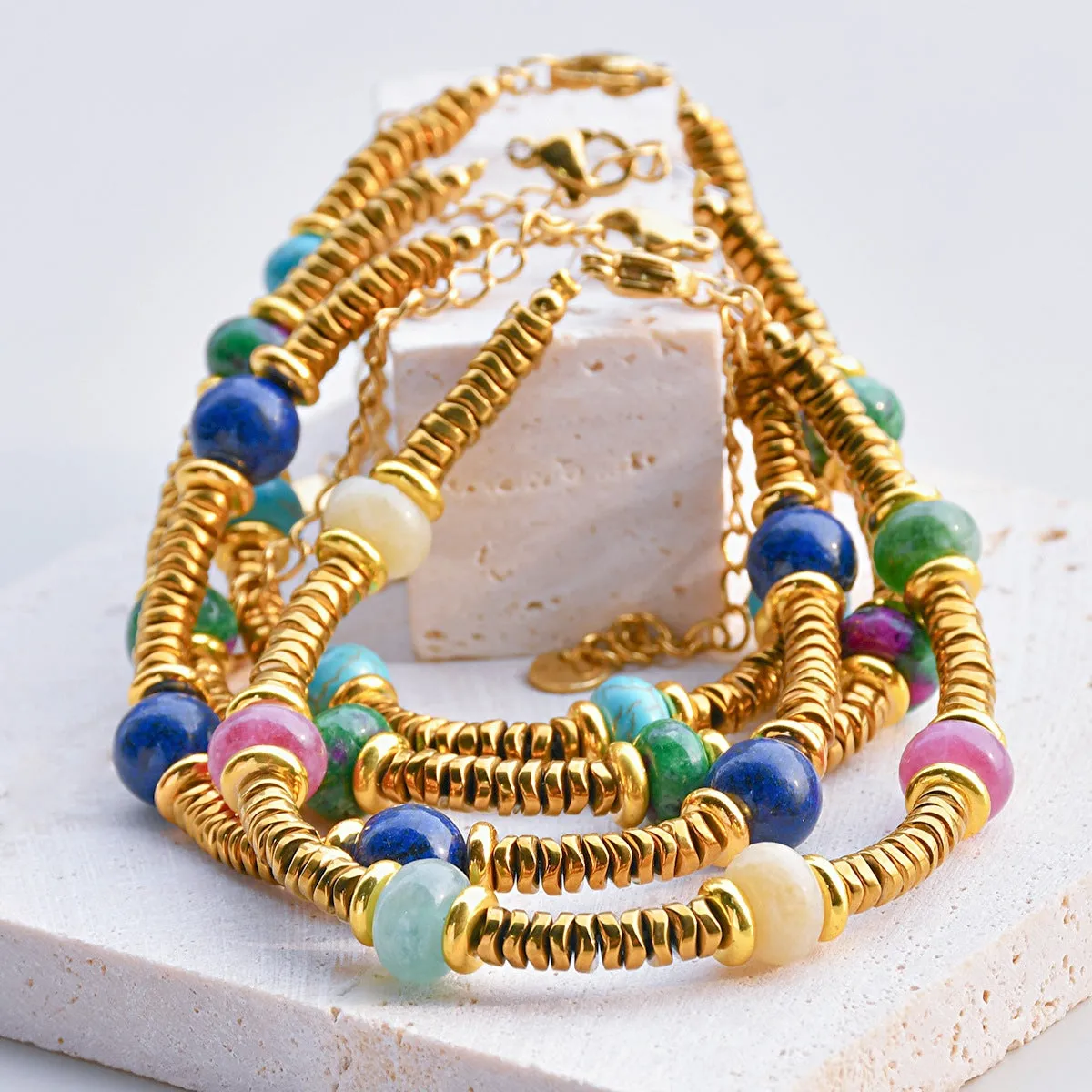 Wholesale Retro texture color natural stone stitching titanium steel bracelet