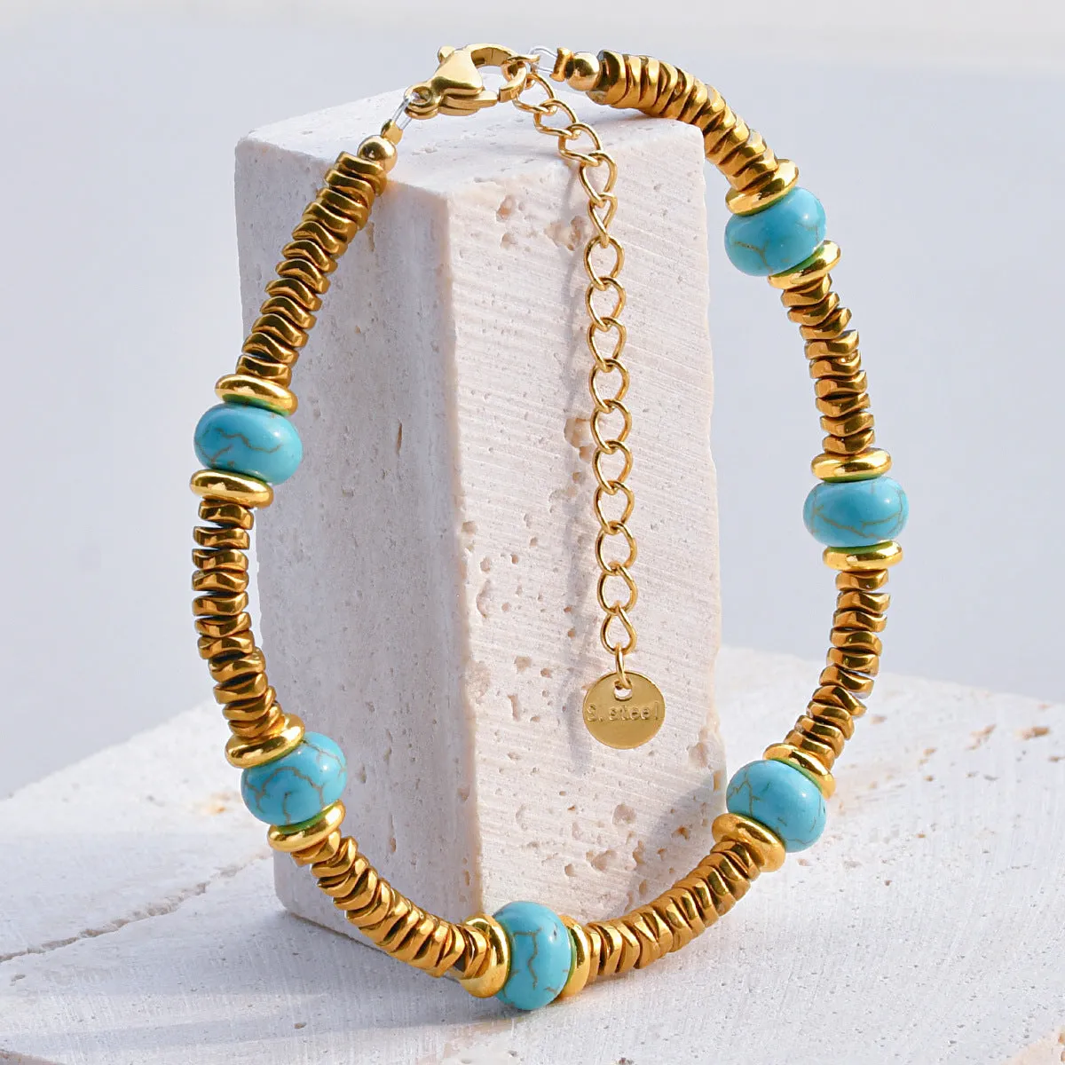Wholesale Retro texture color natural stone stitching titanium steel bracelet