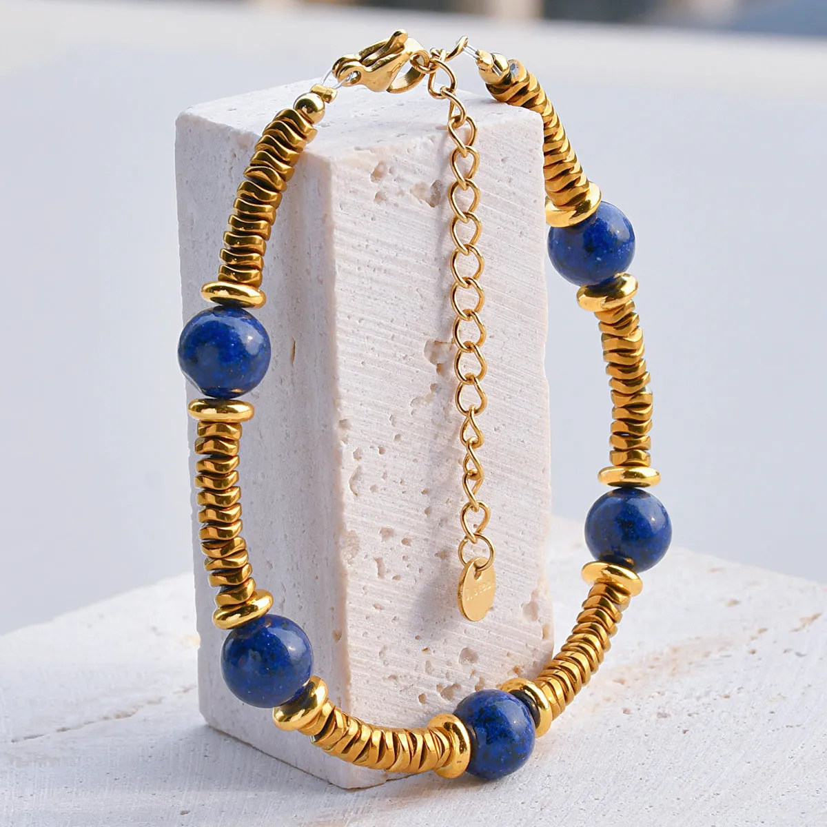 Wholesale Retro texture color natural stone stitching titanium steel bracelet