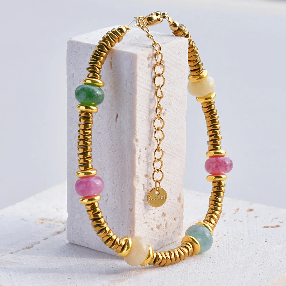 Wholesale Retro texture color natural stone stitching titanium steel bracelet