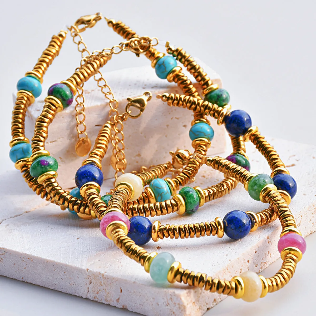 Wholesale Retro texture color natural stone stitching titanium steel bracelet