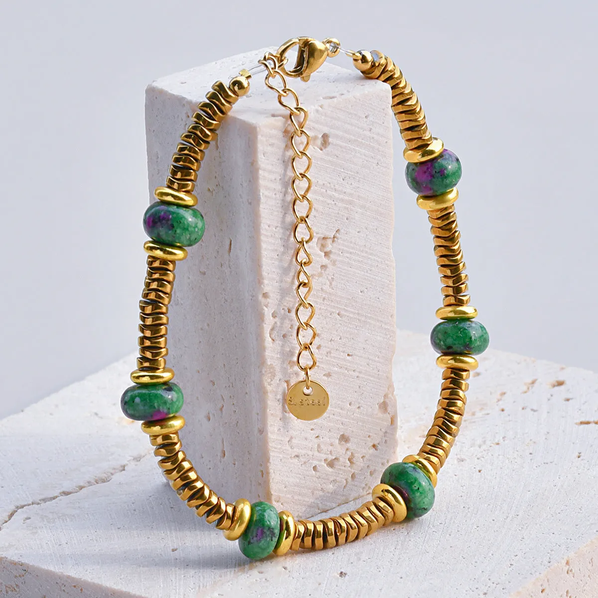 Wholesale Retro texture color natural stone stitching titanium steel bracelet