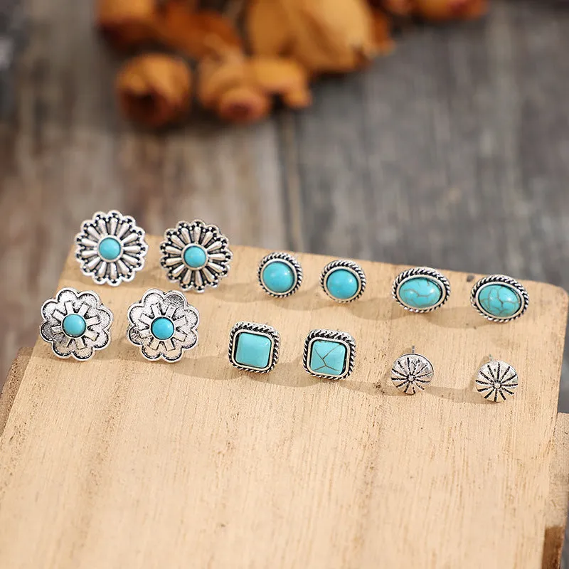 Wholesale Retro Western Style Geometric Multi-piece Set of Turquoise Stud Earrings