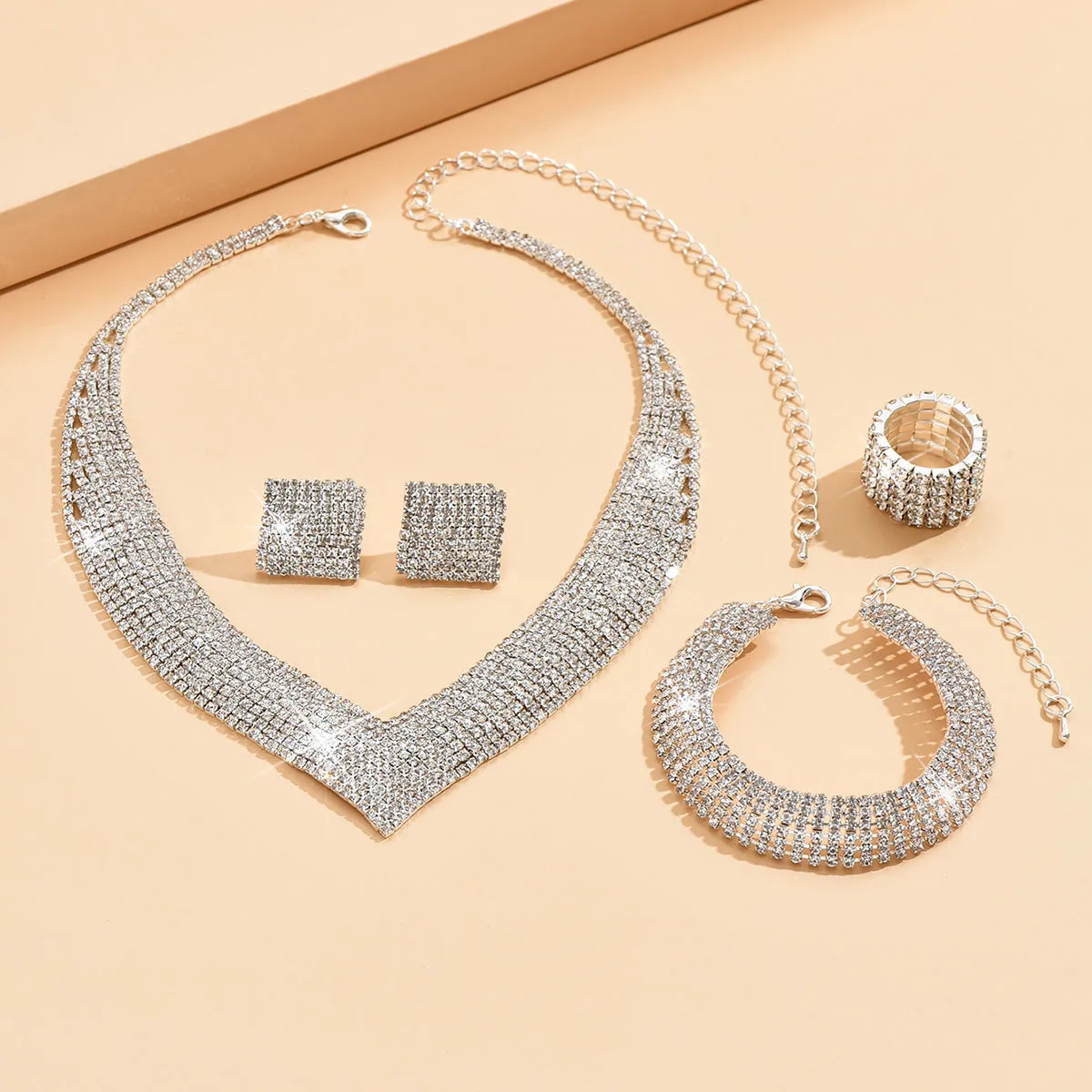 Wholesale Rhinestone Silver Plated Necklace Bracelet Stretch Ring Set