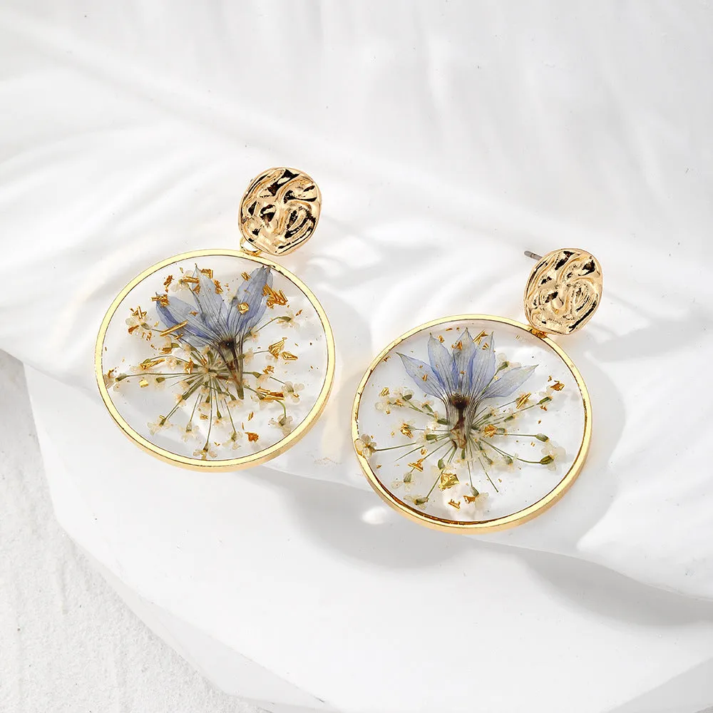 Wholesale Round Tin Foil Drip Glue Dried Flower Pastoral Style Earrings