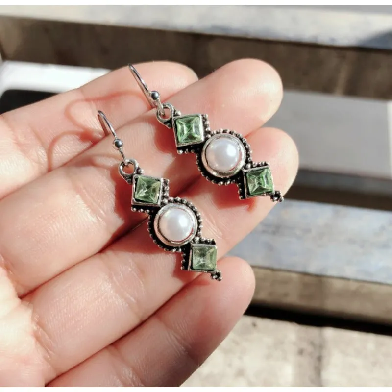 Wholesale S925 Plated Vintage Silver Pearl Square Diamond Long Earrings