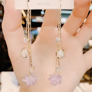 Wholesale S925 Silver Needle Ice Flower Crystal Cat's Eye Stone Tassel Earrings