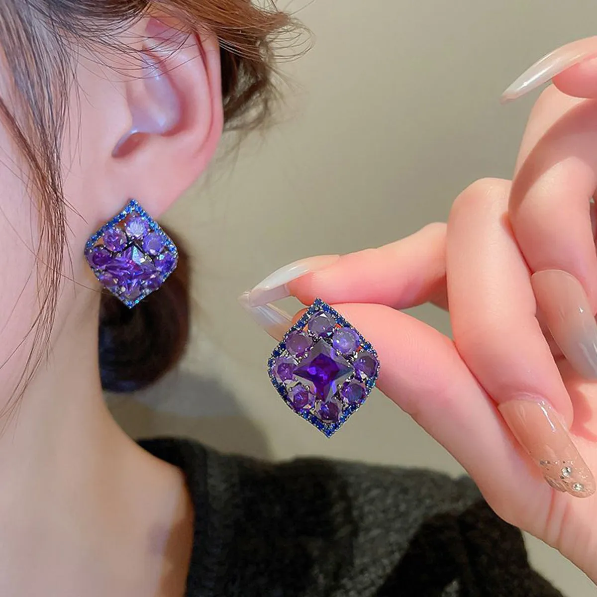 Wholesale S925 Silver Needle Inlaid Zirconia Diamond Purple Stud Earrings