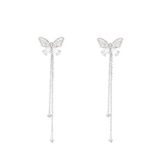 Wholesale S925 Silver Needle Long Tassel Diamond Butterfly Earrings