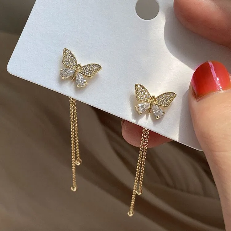 Wholesale S925 Silver Needle Long Tassel Diamond Butterfly Earrings