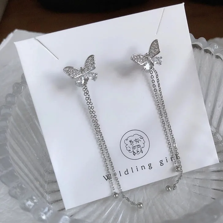 Wholesale S925 Silver Needle Long Tassel Diamond Butterfly Earrings