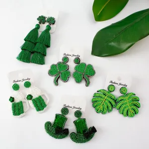 Wholesale Saint Patrick Green Cotton Thread, Rice Beads, Leaf Earrings