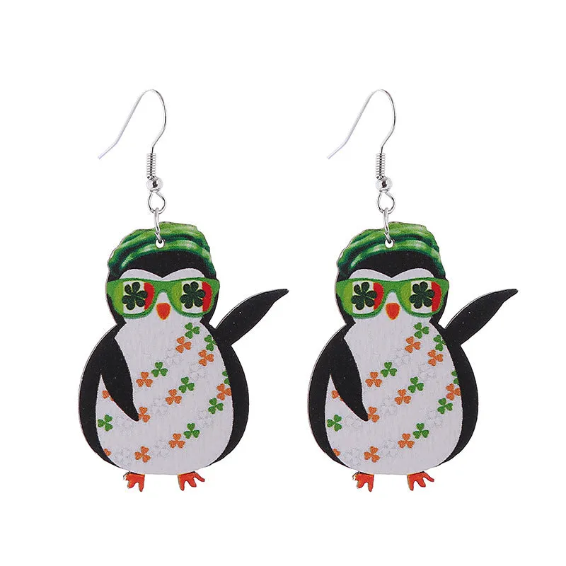 Wholesale Saint Patrick's Day Green Hat Penguin Goat Wooden Earrings