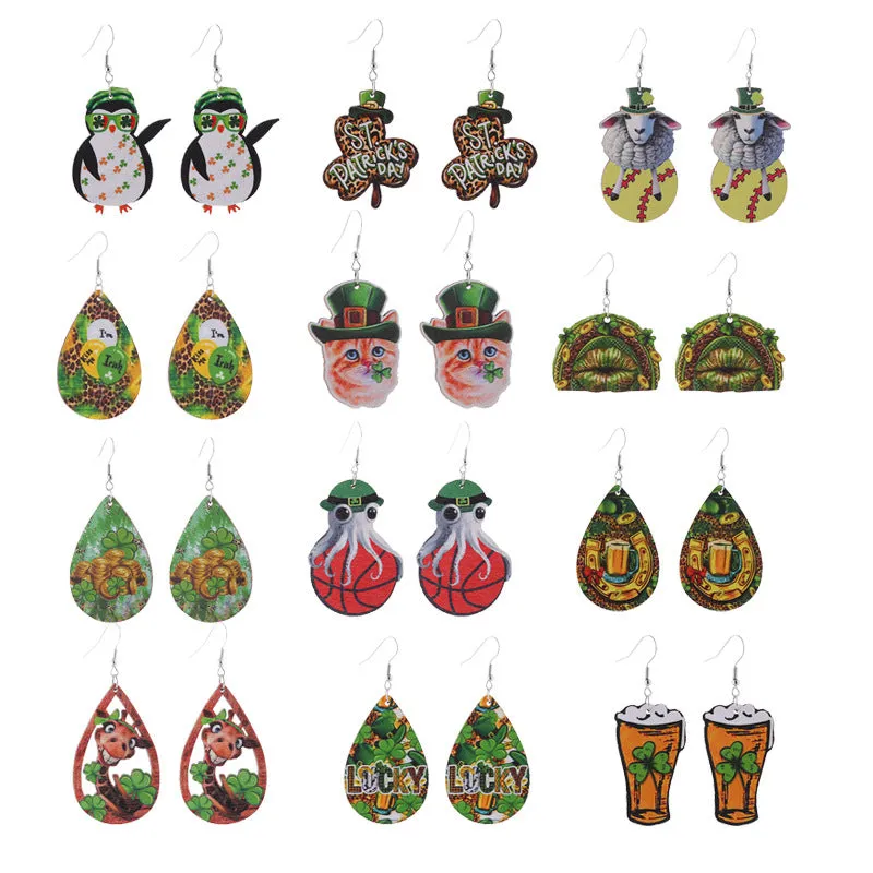 Wholesale Saint Patrick's Day Green Hat Penguin Goat Wooden Earrings