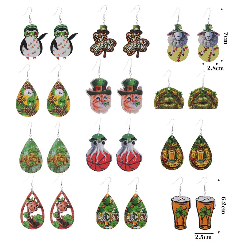 Wholesale Saint Patrick's Day Green Hat Penguin Goat Wooden Earrings