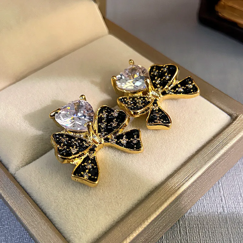 Wholesale Silver Needle Black Bow Micropaved Zirconia Stud Earrings