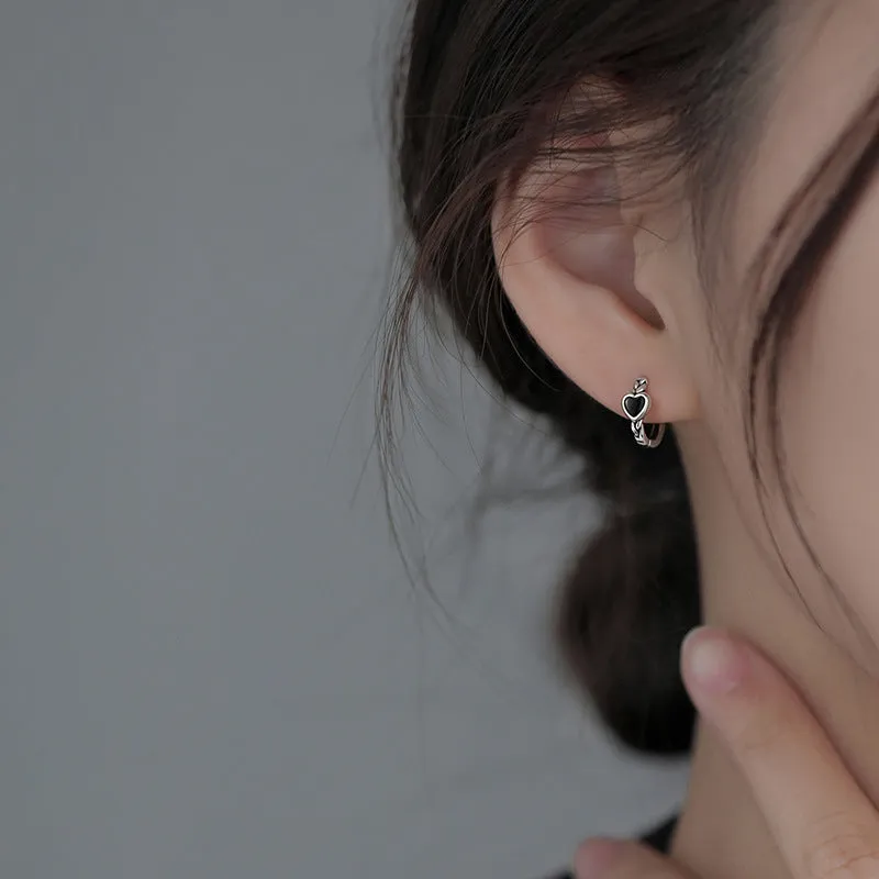 Wholesale Silver Needle Black Heart Hoop Earrings