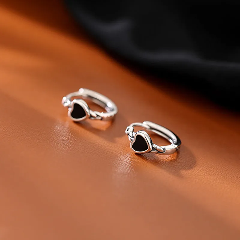 Wholesale Silver Needle Black Heart Hoop Earrings