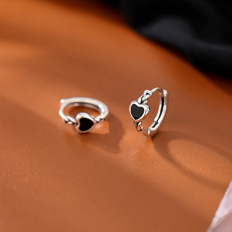 Wholesale Silver Needle Black Heart Hoop Earrings