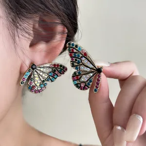 Wholesale Silver Needle French Color Diamond Butterfly Vintage Earrings