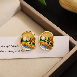 Wholesale Silver Needle French Retro Art Oil Painting Wheat Ear Earrings