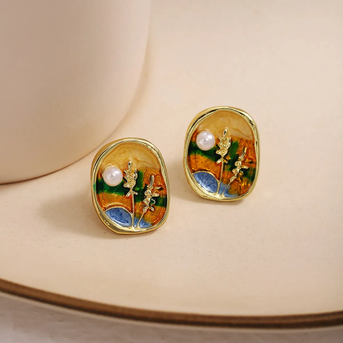 Wholesale Silver Needle French Retro Art Oil Painting Wheat Ear Earrings