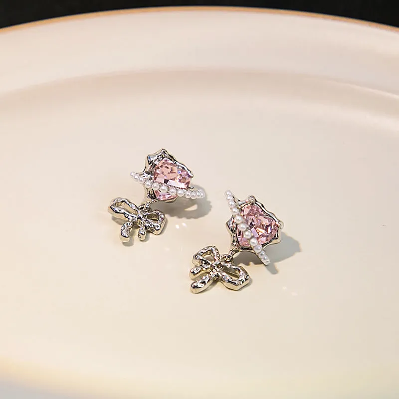 Wholesale Silver Needle Love Wrap Heart Pearl Alloy Earrings