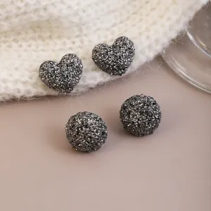 Wholesale Silver Needle Super Glitter Grey Diamond Heart Round Earrings