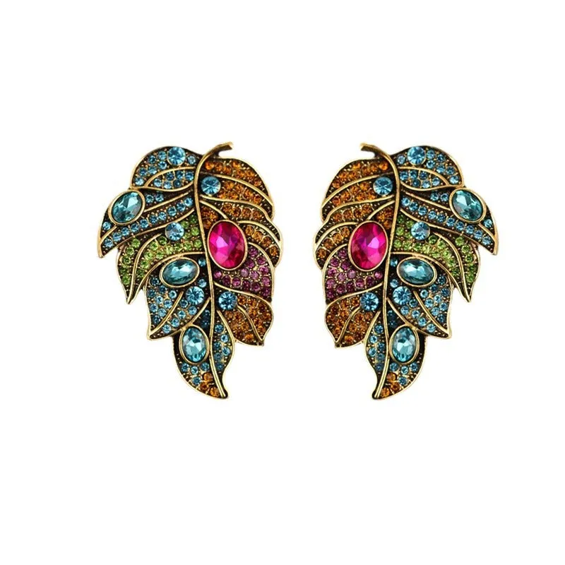 Wholesale Silver Needle Vintage Diamond Leaf Earrings