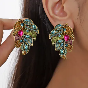 Wholesale Silver Needle Vintage Diamond Leaf Earrings