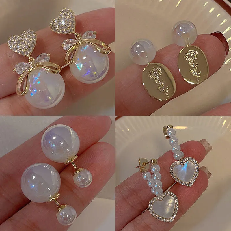 Wholesale Silver Needle Zircon Heart Bow Mermaid Concubine Pearl Copper Earrings