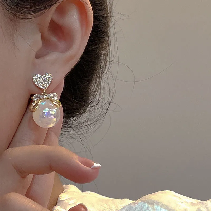 Wholesale Silver Needle Zircon Heart Bow Mermaid Concubine Pearl Copper Earrings