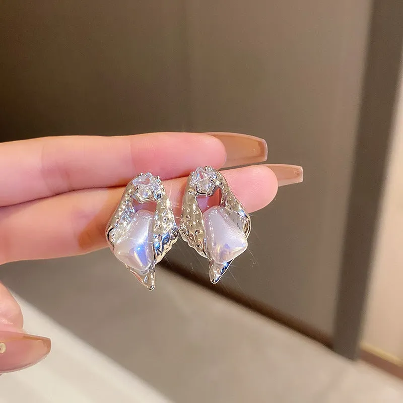 Wholesale Silver Needle Zircon Heart Bow Mermaid Concubine Pearl Copper Earrings