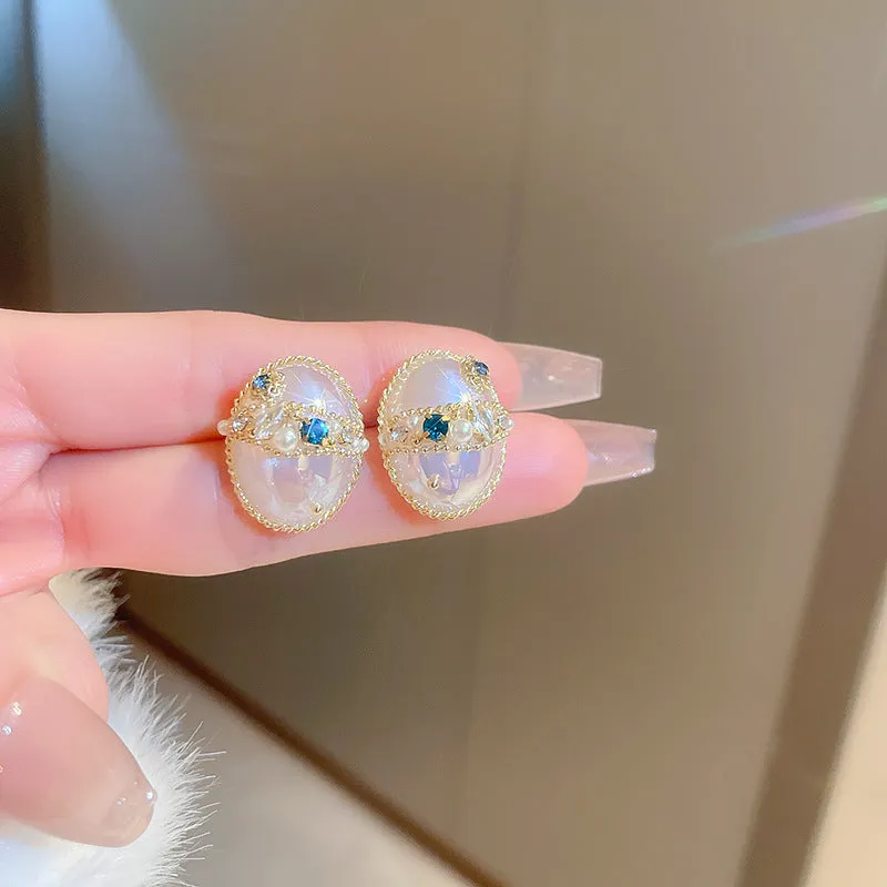 Wholesale Silver Needle Zircon Heart Bow Mermaid Concubine Pearl Copper Earrings