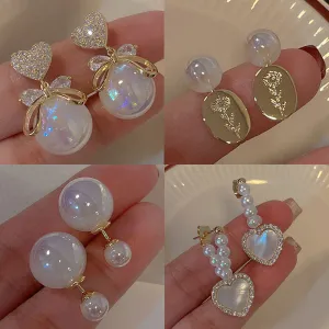 Wholesale Silver Needle Zircon Heart Bow Mermaid Concubine Pearl Copper Earrings