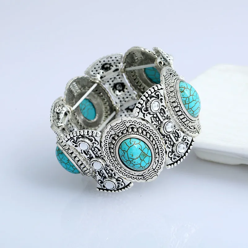 Wholesale Silver-plated diamond turquoise bracelet retro exaggerated bracelet