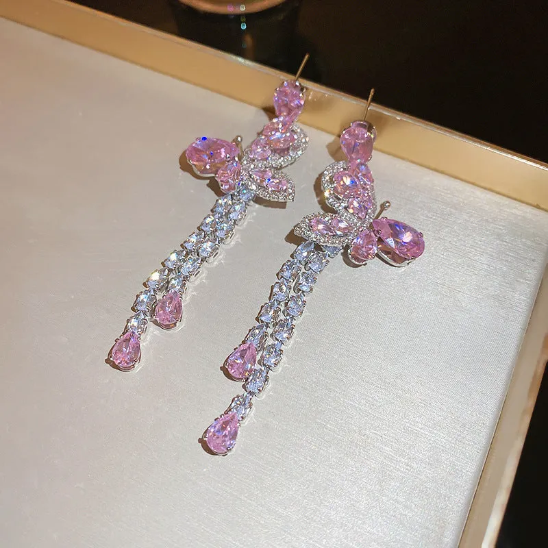 Wholesale Silver zircon pink butterfly water drop sweet long tassel earrings