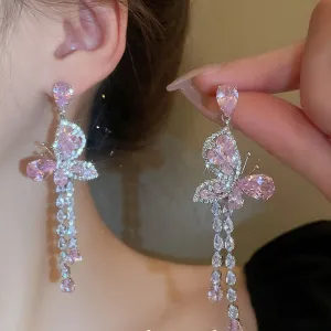 Wholesale Silver zircon pink butterfly water drop sweet long tassel earrings