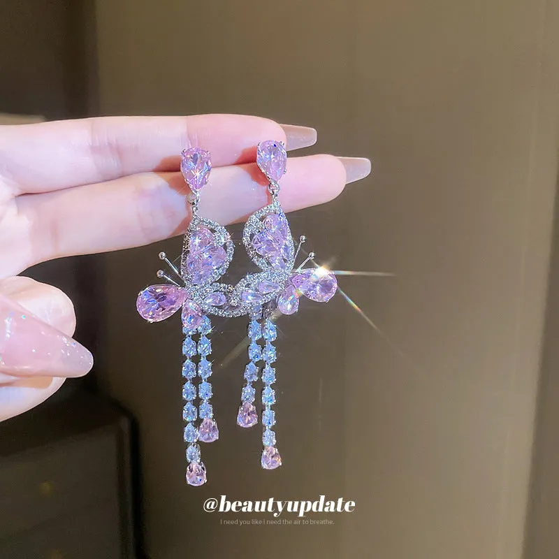 Wholesale Silver zircon pink butterfly water drop sweet long tassel earrings