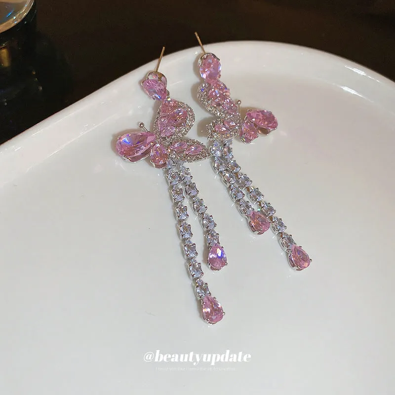 Wholesale Silver zircon pink butterfly water drop sweet long tassel earrings