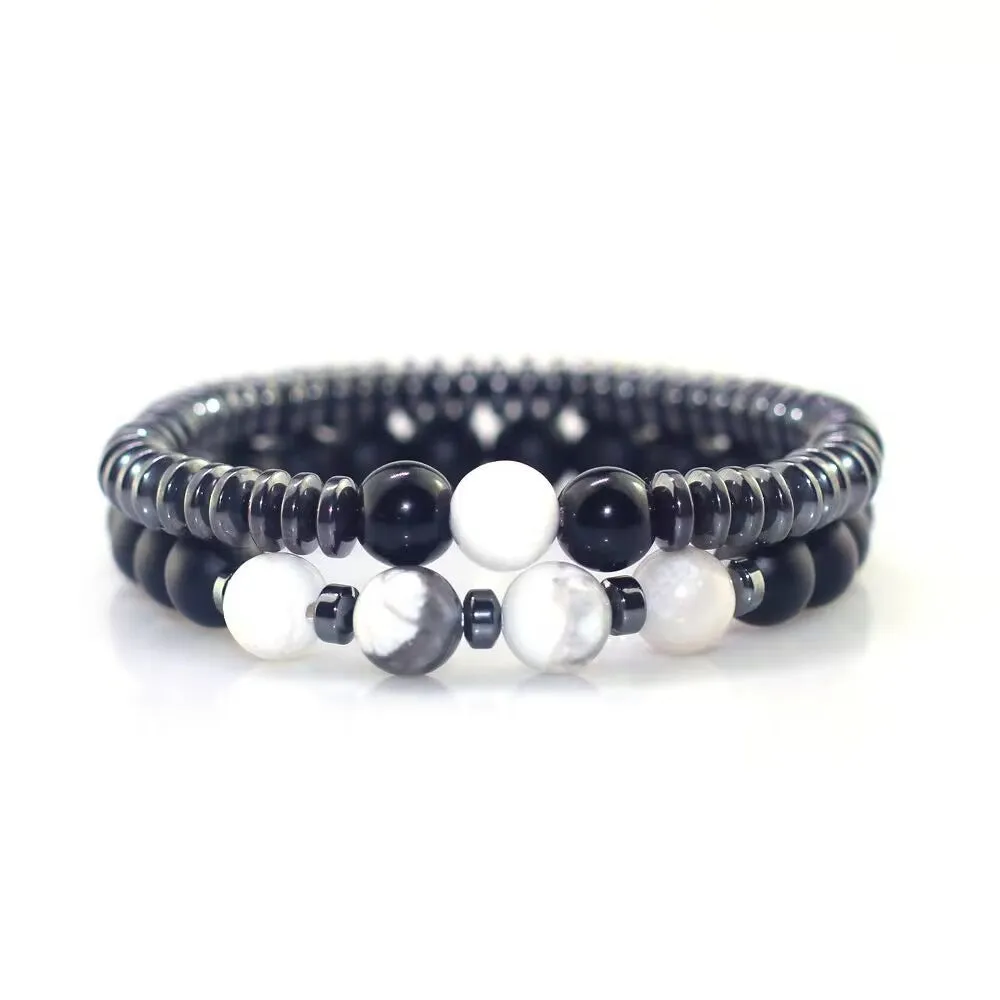 Wholesale Simple Black Stone Map Stone Frosted Stone Combination Beaded Bracelet for Men