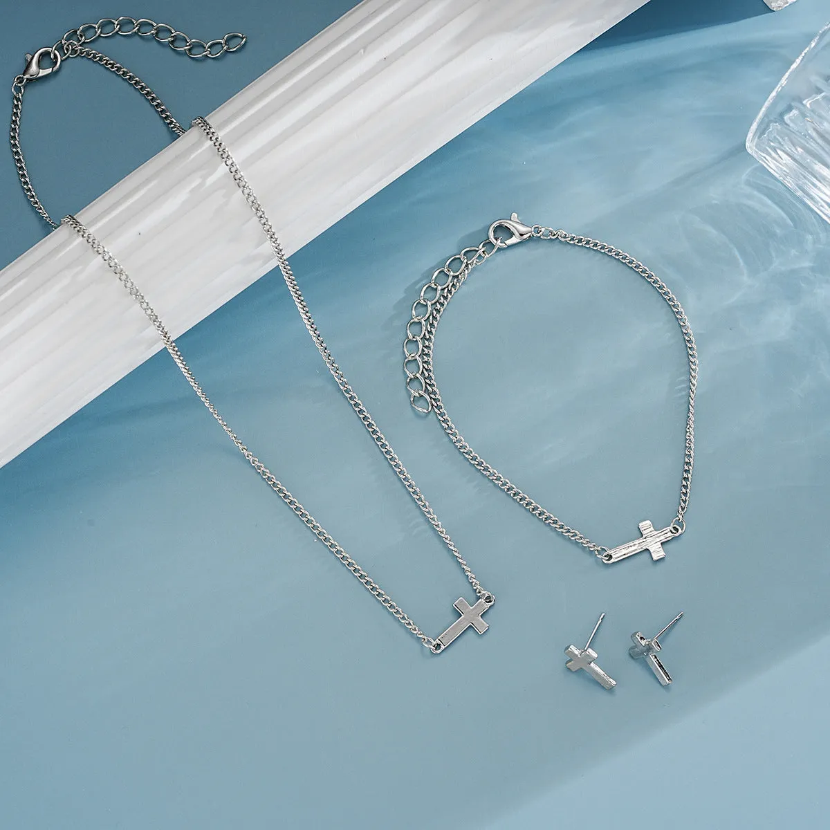 Wholesale Simple niche design cross earrings bracelet necklace set