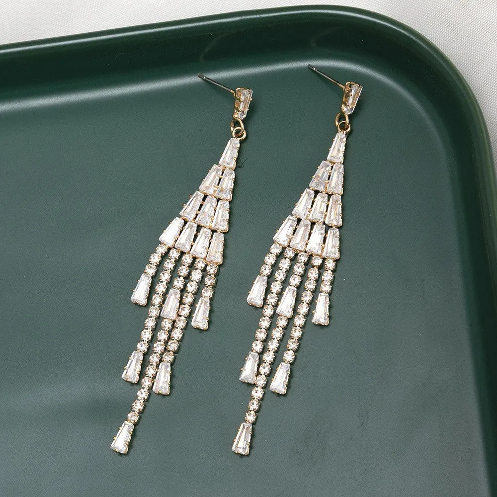 Wholesale Simple Zircon Trapezoid Dangling Tassel Rhinestone Gold-plated Claw Chain Earrings