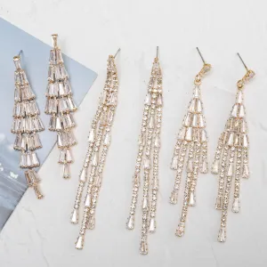 Wholesale Simple Zircon Trapezoid Dangling Tassel Rhinestone Gold-plated Claw Chain Earrings