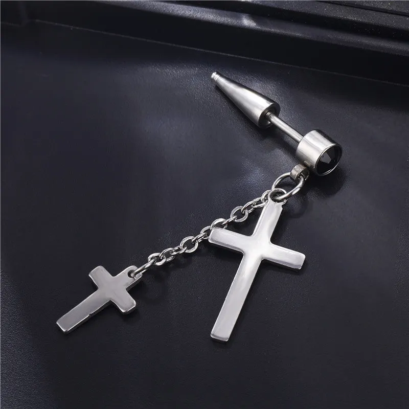 Wholesale Single Titanium Steel Tassel Chain Cross Men's Earrings