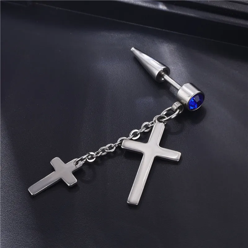 Wholesale Single Titanium Steel Tassel Chain Cross Men's Earrings